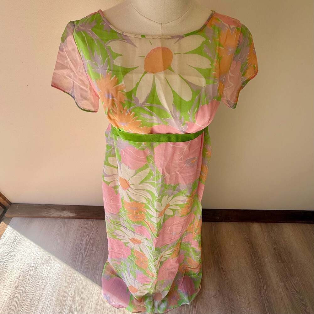 Vintage 1960s Union Label Floral Chiffon Empire Waist Maxi Dress - Picture 9 of 14